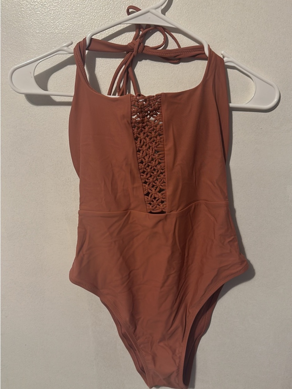 aerie One-Piece Swimsuit in Rust with Macramé Front